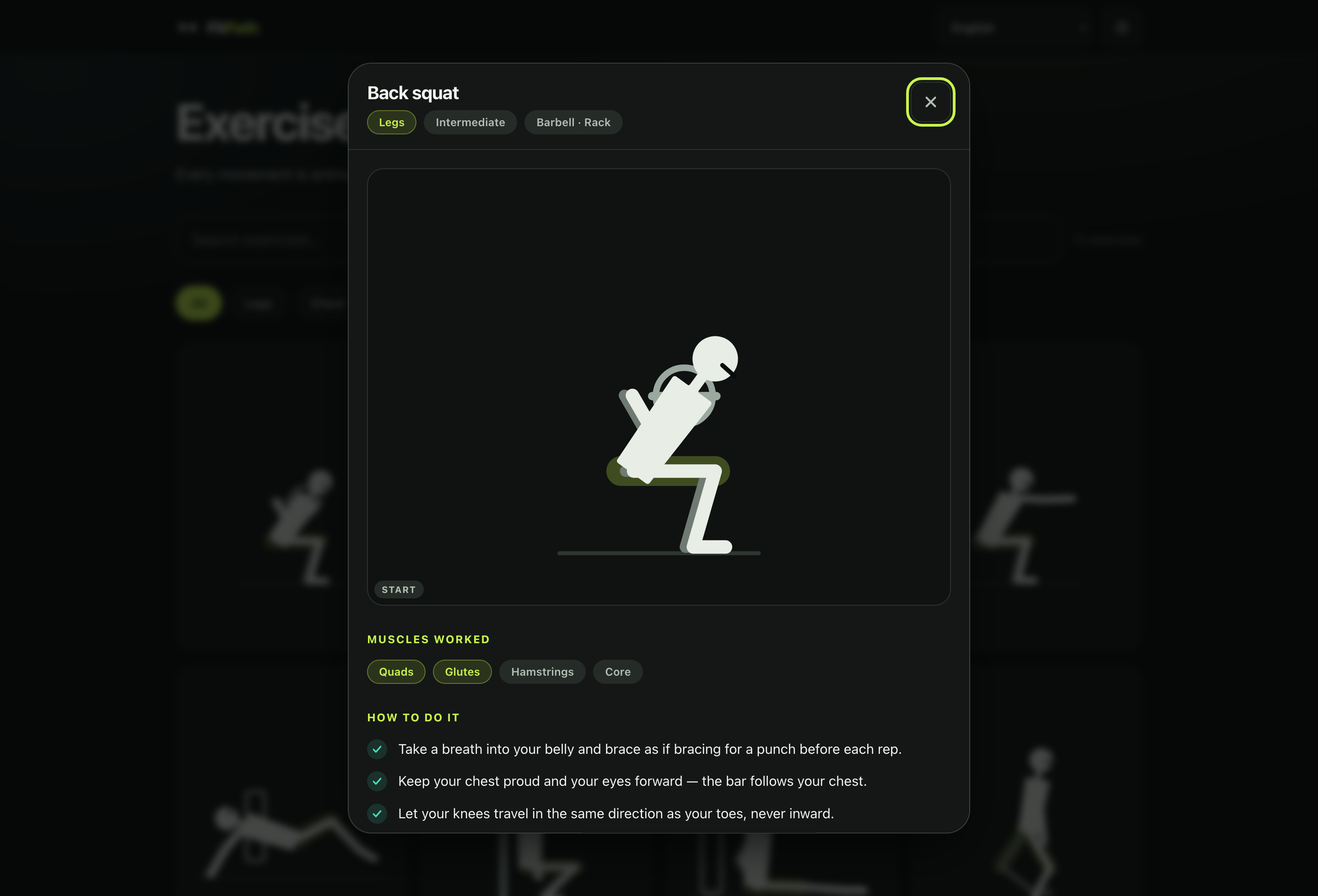 An exercise detail panel for the back squat showing an animated figure, muscles worked, and three form cues