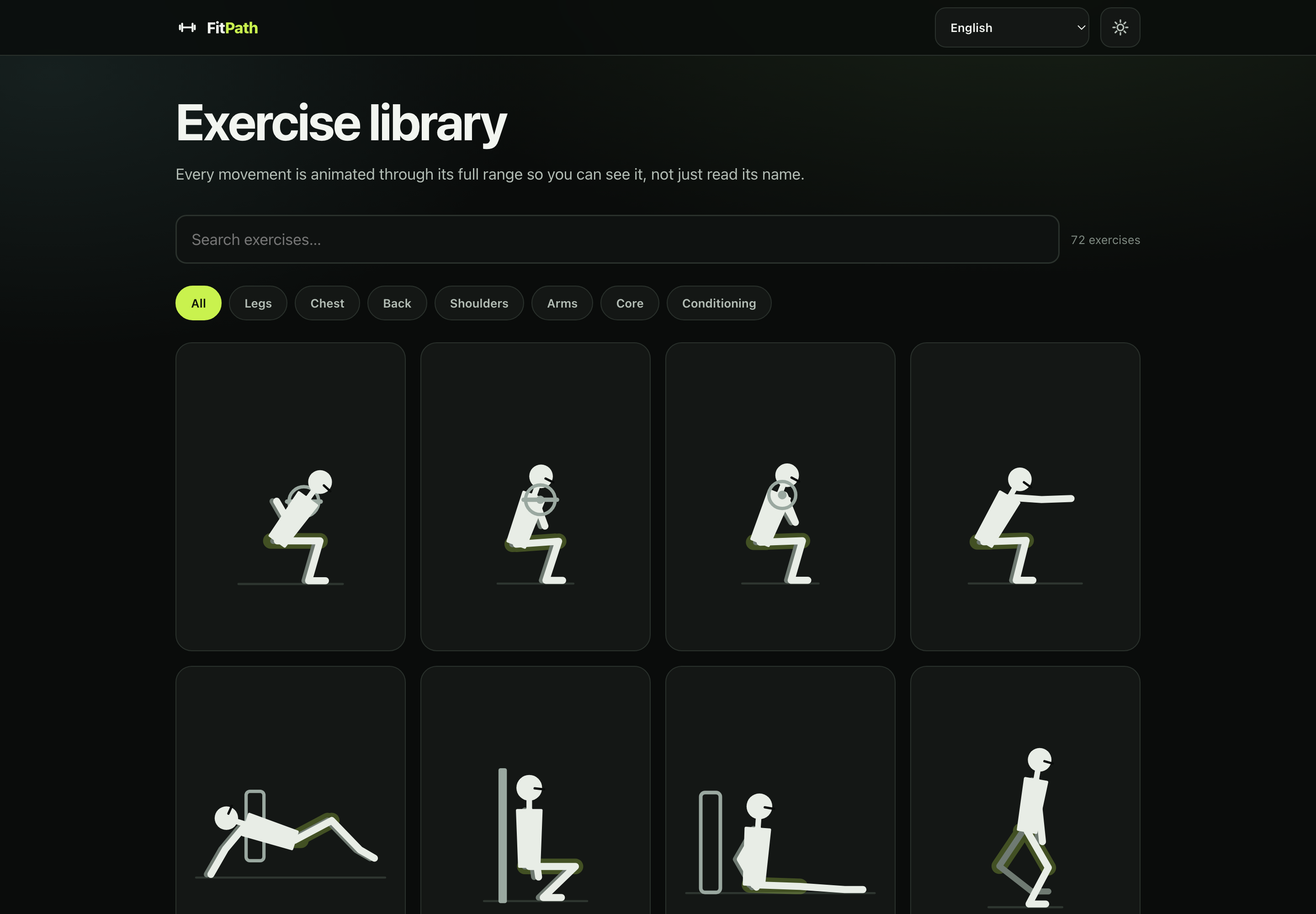 The exercise library grid, showing many exercises with illustrations, category and difficulty labels