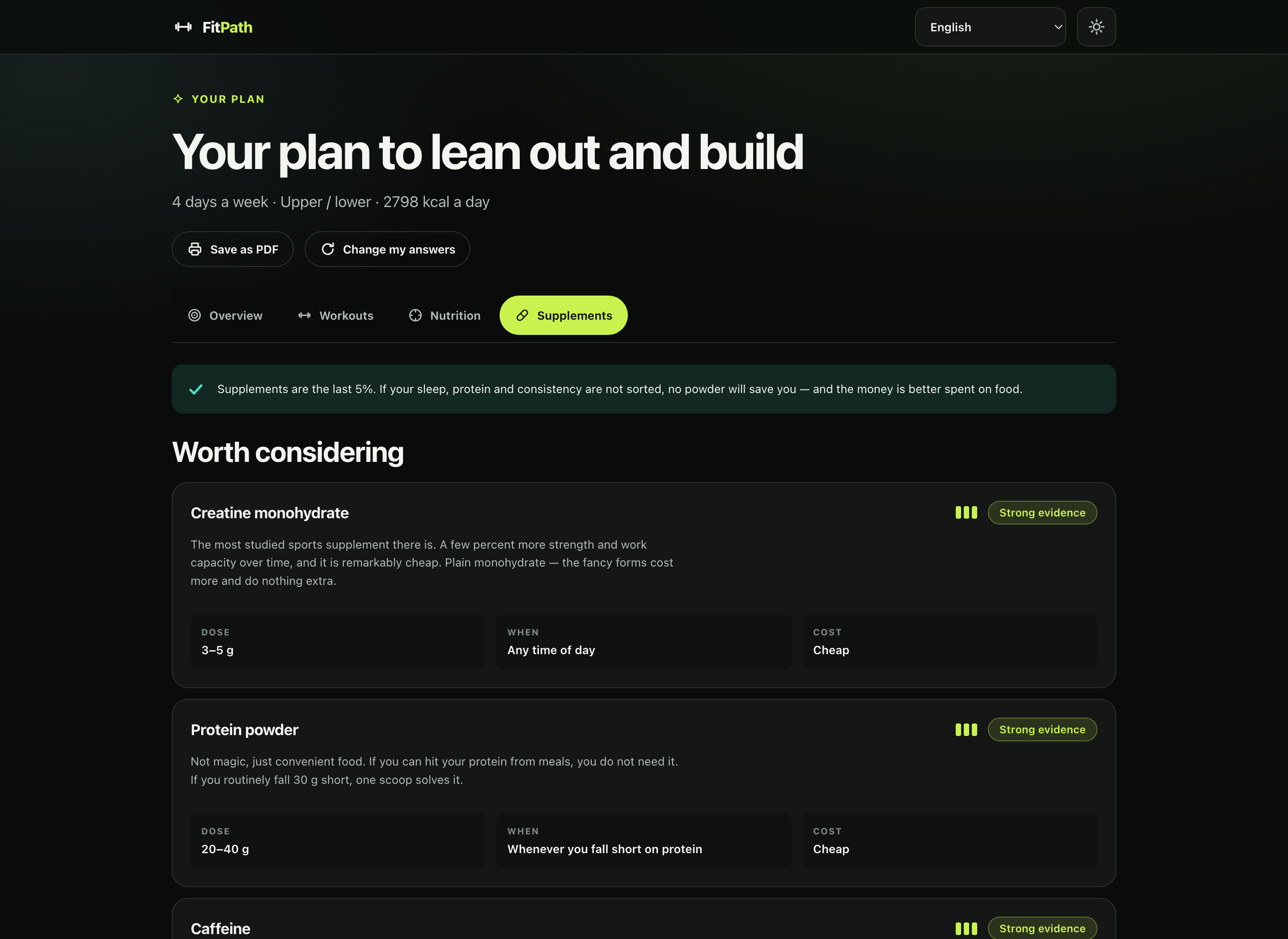 The Supplements tab listing supplements with evidence ratings and dosing guidance